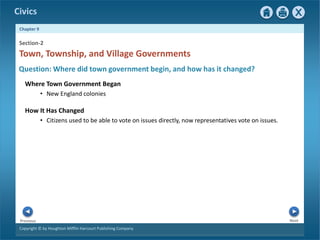 Civics
Chapter 9
Copyright © by Houghton Mifflin Harcourt Publishing Company
Next
Previous
Question: Where did town government begin, and how has it changed?
Where Town Government Began
• New England colonies
Town, Township, and Village Governments
Section-2
How It Has Changed
• Citizens used to be able to vote on issues directly, now representatives vote on issues.
 