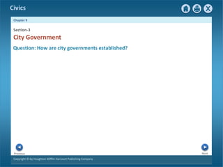 Civics
Chapter 9
Copyright © by Houghton Mifflin Harcourt Publishing Company
Next
Previous
City Government
Section-3
Question: How are city governments established?
 