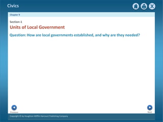 Civics
Chapter 9
Copyright © by Houghton Mifflin Harcourt Publishing Company
Next
Previous
Question: How are local governments established, and why are they needed?
Section-1
Units of Local Government
 