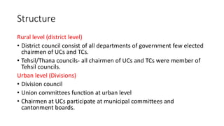 Structure
Rural level (district level)
• District council consist of all departments of government few elected
chairmen of UCs and TCs.
• Tehsil/Thana councils- all chairmen of UCs and TCs were member of
Tehsil councils.
Urban level (Divisions)
• Division council
• Union committees function at urban level
• Chairmen at UCs participate at municipal committees and
cantonment boards.
 