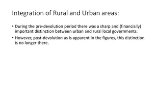 Integration of Rural and Urban areas:
• During the pre-devolution period there was a sharp and (financially)
important distinction between urban and rural local governments.
• However, post-devolution as is apparent in the figures, this distinction
is no longer there.
 
