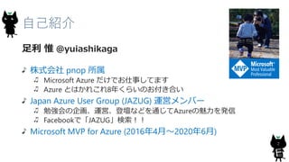 ԼB
2
 Ω @yuiashikaga
ʽ pnop 
Microsoft Azure Ǥ¤Ƥޤ
Azure ȤϤ줳8꤯餤ΤϤ
Japan Azure User Group (JAZUG) \ӥЩ`
㏊󻭡\ӡǉʤɤͨAzurek
FacebookǡJAZUG
Microsoft MVP for Azure (20164¡20206)
 