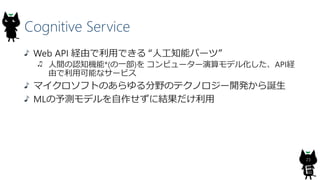 Cognitive Service
Web API UɤäǤ ˹֪ܥѩ`ġ
gJ֪C*(һ) ԥ``ǥ뻯APIU
ɤÿܤʥ`ӥ
ޥեȤΤҰΥƥΥ`_kQ
MLyǥ˽Y
23
 