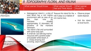 LOCAL HERITAGE
THEMES
9. TOPOGRAPHY, FLORA, AND FAUNA
Local Theme What Learner Should Know What Learner Should
Feel and Think About
What Learner
Should Do
Kalanggaman Island
(Palompon)
(http://www.palompon-
leyte.gov.ph/index.php?)
 Kalanggaman Island is a strip of
land which has a rich marine
environment with an area of no
less than nine (9)
heactares situated
approximately 12 kilometers off
shoreline of the mainland
Palompon
 The island is flat and surrounded
with some rocky part
 A small isle but with big marine
resources with a pristine water
and powder white beach, It
is simply amazing and
enriching diver’s haven.
Treasure this island for the
role it plays as a habitat of
rich marine lives.
 Observe proper
waste disposal.
 Visit the island
as local tourist .
 