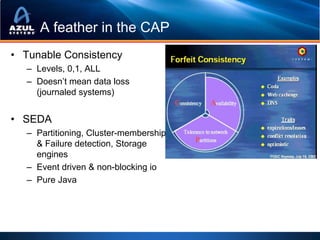 A feather in the CAP
• Tunable Consistency
   – Levels, 0,1, ALL
   – Doesn’t mean data loss
     (journaled systems)


• SEDA
   – Partitioning, Cluster-membership
     & Failure detection, Storage
     engines
   – Event driven & non-blocking io
   – Pure Java
 