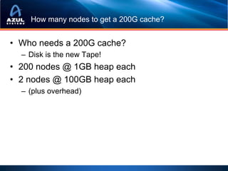 How many nodes to get a 200G cache?


• Who needs a 200G cache?
  – Disk is the new Tape!
• 200 nodes @ 1GB heap each
• 2 nodes @ 100GB heap each
  – (plus overhead)
 