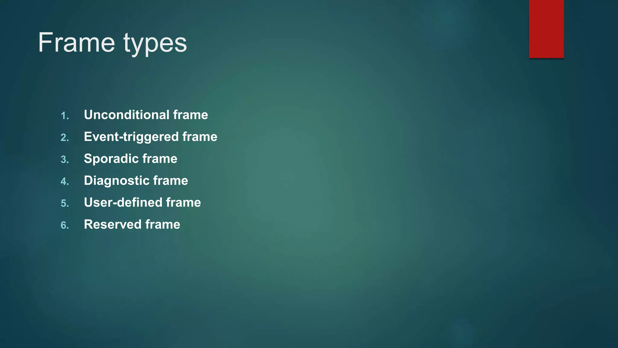 Frame types
1. Unconditional frame
2. Event-triggered frame
3. Sporadic frame
4. Diagnostic frame
5. User-defined frame
6. Reserved frame
