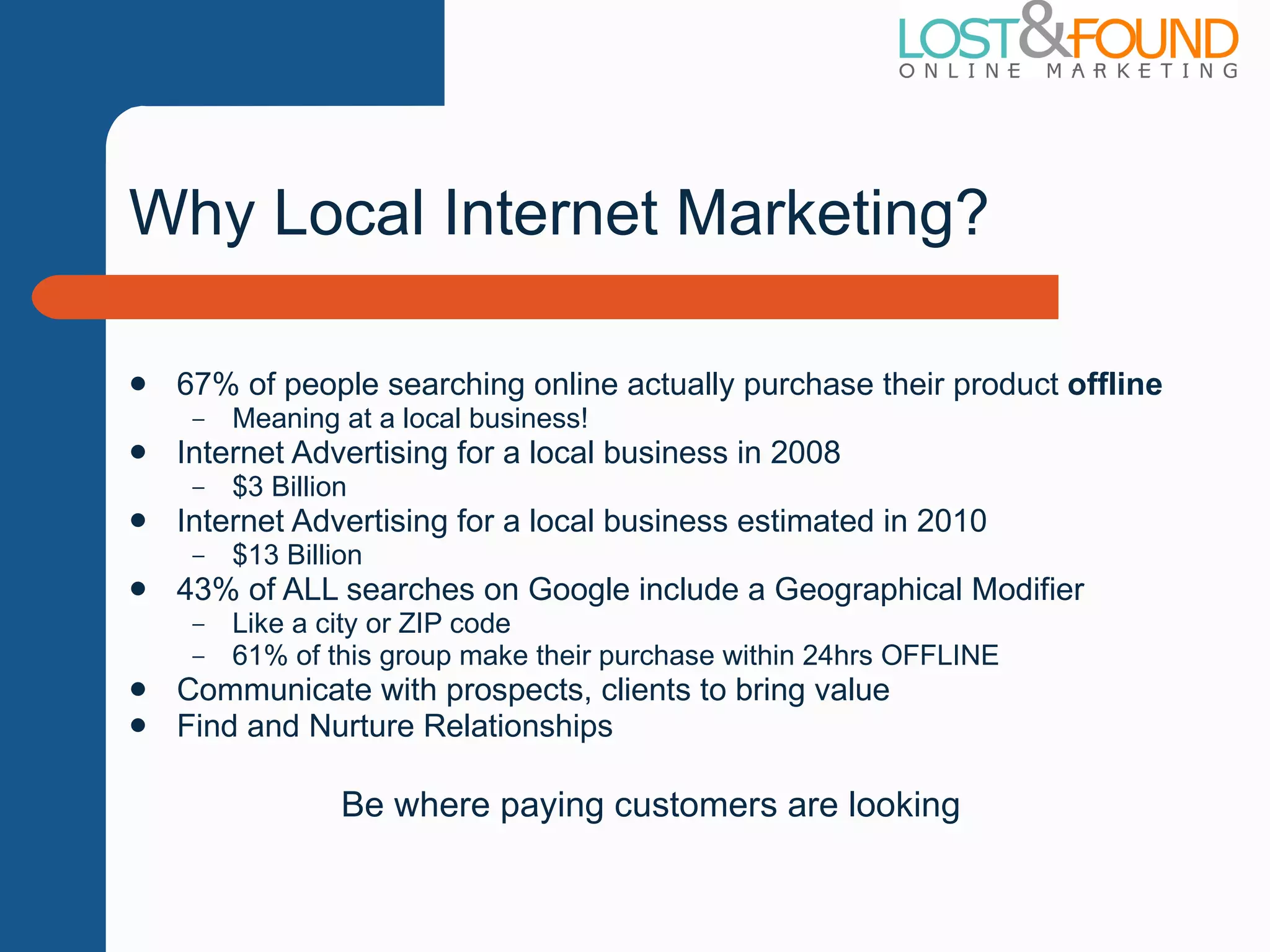 Why Local Internet Marketing? 67% of people searching online actually purchase their product  offline Meaning at a local business! Internet Advertising for a local business in 2008 $3 Billion Internet Advertising for a local business estimated in 2010 $13 Billion 43% of ALL searches on Google include a Geographical Modifier Like a city or ZIP code 61% of this group make their purchase within 24hrs OFFLINE Communicate with prospects, clients to bring value Find and Nurture Relationships Be where paying customers are looking 