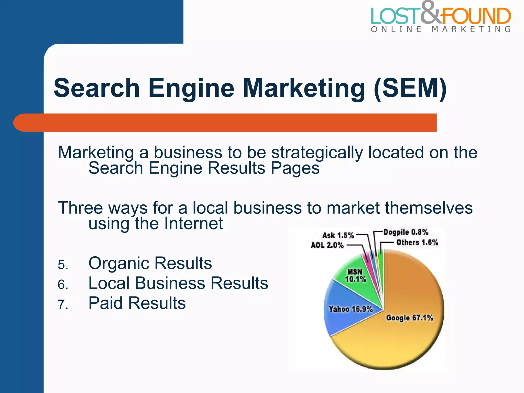 Search Engine Marketing (SEM) Marketing a business to be strategically located on the Search Engine Results Pages Three ways for a local business to market themselves using the Internet Organic Results Local Business Results Paid Results 