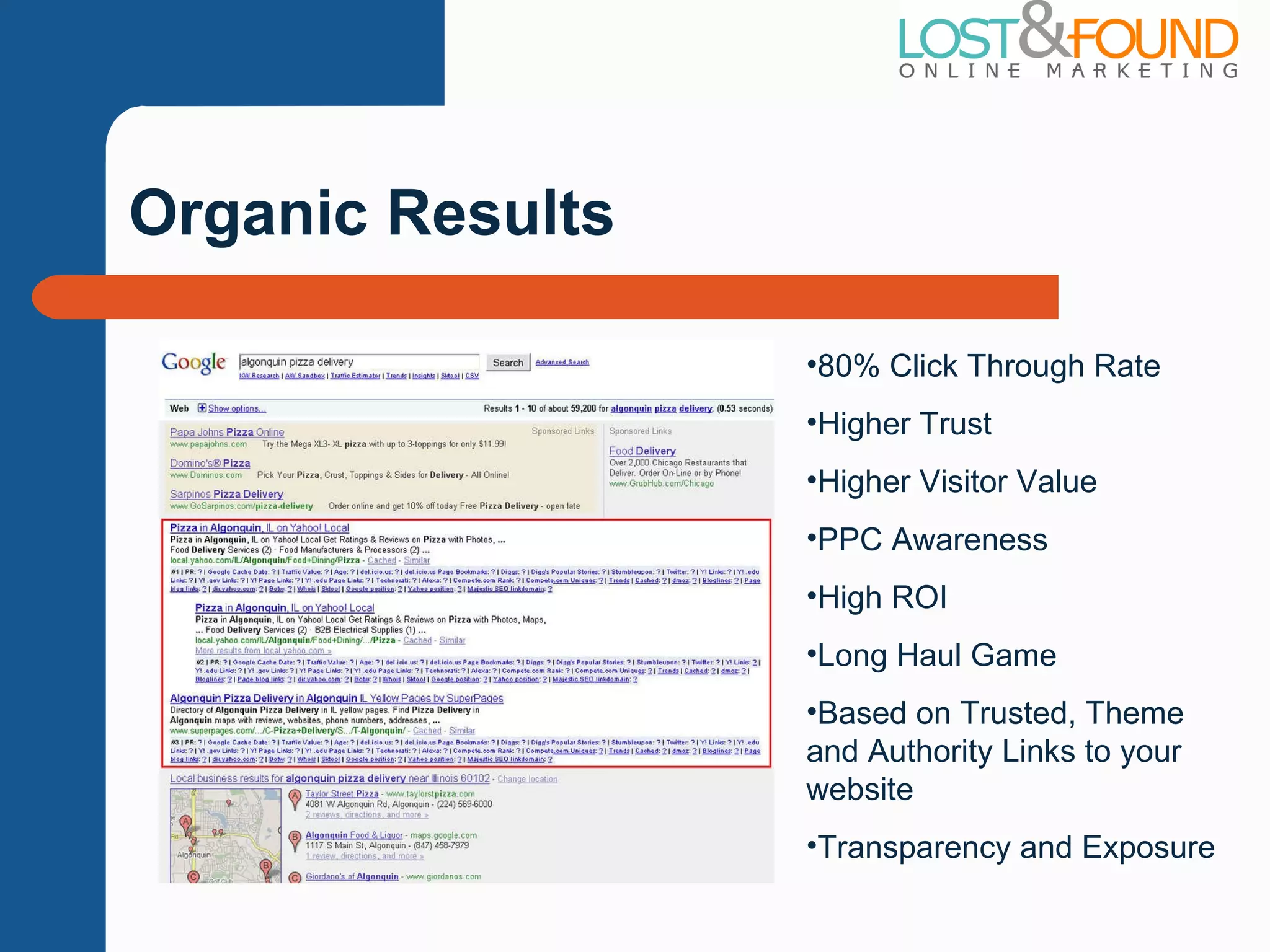 Organic Results 80% Click Through Rate Higher Trust Higher Visitor Value PPC Awareness High ROI Long Haul Game Based on Trusted, Theme and Authority Links to your website Transparency and Exposure 