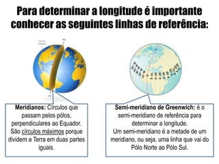 Para determinar a longitude é importante
 conhecer as seguintes linhas de referência:




   Meridianos: Círculos que       Semi-meridiano de Greenwich: é o
      passam pelos pólos,          semi-meridiano de referência para
 perpendiculares ao Equador.             determinar a longitude.
 São círculos máximos porque      Um semi-meridiano é a metade de um
dividem a Terra em duas partes   meridiano, ou seja, uma linha que vai do
            iguais.                      Pólo Norte ao Pólo Sul.
 
