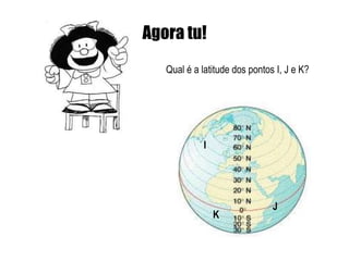 Agora tu!
   Qual é a latitude dos pontos I, J e K?




             I




                               J
                 K
 