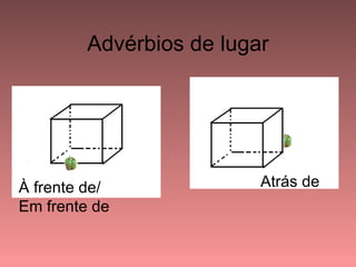 Advérbios de lugar




À frente de/              Atrás de
Em frente de
 