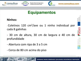 Ninhos:
- Coletivos 120 cm2/ave ou 1 ninho individual por
cada 8 galinhas
- 30 cm de altura, 30 cm de largura e 40 cm de
profundidade
- Abertura com ripa de 3 a 5 cm
- Cerca de 80 cm acima do piso
Equipamentos
 