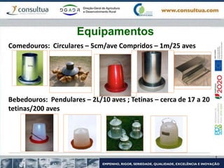 Comedouros: Circulares – 5cm/ave Compridos – 1m/25 aves
Bebedouros: Pendulares – 2L/10 aves ; Tetinas – cerca de 17 a 20
tetinas/200 aves
Equipamentos
 