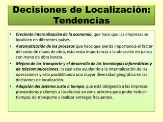 Decisiones de Localización:
Tendencias
• Creciente internalización de la economía, que hace que las empresas se
localicen en diferentes países
• Automatización de los procesos que hace que pierda importancia el factor
del costo de mano de obra, esto resta importancia a la ubicación en países
con mano de obra barata.
• Mejora de los transporte y el desarrollo de las tecnologías informáticas y
de telecomunicaciones, lo cual esta ayudando a la internalización de las
operaciones y esta posibilitando una mayor diversidad geográfica en las
decisiones de localización.
• Adopción del sistema Justo a tiempo, que está obligando a las impresas
proveedoras y clientes a localizarse en zona próxima para poder reducir
tiempos de transporte y realizar entregas frecuentes.

 