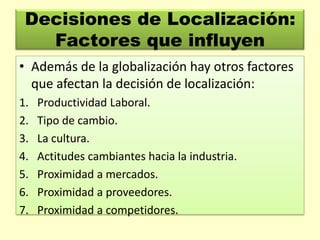 Decisiones de Localización:
Factores que influyen
• Además de la globalización hay otros factores
que afectan la decisión de localización:
1.
2.
3.
4.
5.
6.
7.

Productividad Laboral.
Tipo de cambio.
La cultura.
Actitudes cambiantes hacia la industria.
Proximidad a mercados.
Proximidad a proveedores.
Proximidad a competidores.

 