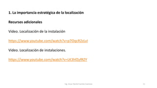 1. La importancia estratégica de la localización
Recursos adicionales
Video. Localización de la instalación
https://www.youtube.com/watch?v=p7OqcR2zLvI
Video. Localización de instalaciones.
https://www.youtube.com/watch?v=LK3hfZyfRZY
Ing. Oscar Danilo Fuentes Espinoza 11
 