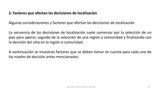 2. Factores que afectan las decisiones de localización
Algunas consideraciones y factores que afectan las decisiones de localización
La secuencia de las decisiones de localización suele comenzar por la selección de un
país para operar, seguido de la selección de una región y comunidad y finalizando con
la decisión del sitio en la región o comunidad.
A continuación se muestran factores que se deben tomar en cuenta para cada uno de
los niveles de decisión antes mencionados:
Ing. Oscar Danilo Fuentes Espinoza 14
 