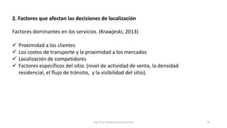 2. Factores que afectan las decisiones de localización
Ing. Oscar Danilo Fuentes Espinoza 20
Factores dominantes en los servicios. (Krawjeski, 2013)
 Proximidad a los clientes
 Los costos de transporte y la proximidad a los mercados
 Localización de competidores
 Factores específicos del sitio. (nivel de actividad de venta, la densidad
residencial, el flujo de tránsito, y la visibilidad del sitio).
 