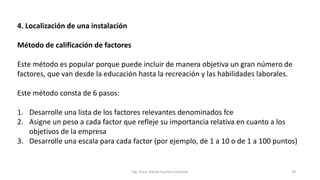 4. Localización de una instalación
Método de calificación de factores
Este método es popular porque puede incluir de manera objetiva un gran número de
factores, que van desde la educación hasta la recreación y las habilidades laborales.
Este método consta de 6 pasos:
1. Desarrolle una lista de los factores relevantes denominados fce
2. Asigne un peso a cada factor que refleje su importancia relativa en cuanto a los
objetivos de la empresa
3. Desarrolle una escala para cada factor (por ejemplo, de 1 a 10 o de 1 a 100 puntos)
Ing. Oscar Danilo Fuentes Espinoza 28
 
