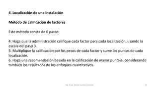 4. Localización de una instalación
Método de calificación de factores
Este método consta de 6 pasos:
4. Haga que la administración califique cada factor para cada localización, usando la
escala del paso 3.
5. Multiplique la calificación por los pesos de cada factor y sume los puntos de cada
localización.
6. Haga una recomendación basada en la calificación de mayor puntaje, considerando
también los resultados de los enfoques cuantitativos.
Ing. Oscar Danilo Fuentes Espinoza 29
 