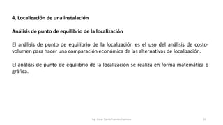4. Localización de una instalación
Análisis de punto de equilibrio de la localización
El análisis de punto de equilibrio de la localización es el uso del análisis de costo-
volumen para hacer una comparación económica de las alternativas de localización.
El análisis de punto de equilibrio de la localización se realiza en forma matemática o
gráfica.
Ing. Oscar Danilo Fuentes Espinoza 33
 