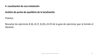 4. Localización de una instalación
Análisis de punto de equilibrio de la localización
Práctica
Resuelva los ejercicios 8.16, 8.17, 8,18 y 8.19 de la guía de ejercicios que le brindo el
docente.
Ing. Oscar Danilo Fuentes Espinoza 40
 