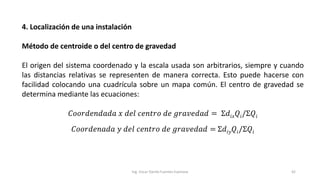 4. Localización de una instalación
Método de centroide o del centro de gravedad
El origen del sistema coordenado y la escala usada son arbitrarios, siempre y cuando
las distancias relativas se representen de manera correcta. Esto puede hacerse con
facilidad colocando una cuadrícula sobre un mapa común. El centro de gravedad se
determina mediante las ecuaciones:
𝐶𝑜𝑜𝑟𝑑𝑒𝑛𝑑𝑎𝑑𝑎 𝑥 𝑑𝑒𝑙 𝑐𝑒𝑛𝑡𝑟𝑜 𝑑𝑒 𝑔𝑟𝑎𝑣𝑒𝑑𝑎𝑑 = Σ𝑑𝑖𝑥 𝑄𝑖/Σ𝑄𝑖
𝐶𝑜𝑜𝑟𝑑𝑒𝑛𝑎𝑑𝑎 𝑦 𝑑𝑒𝑙 𝑐𝑒𝑛𝑡𝑟𝑜 𝑑𝑒 𝑔𝑟𝑎𝑣𝑒𝑑𝑎𝑑 = Σ𝑑𝑖𝑦 𝑄𝑖/Σ𝑄𝑖
Ing. Oscar Danilo Fuentes Espinoza 42
 