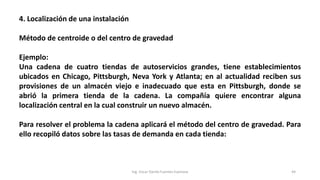 4. Localización de una instalación
Método de centroide o del centro de gravedad
Ejemplo:
Una cadena de cuatro tiendas de autoservicios grandes, tiene establecimientos
ubicados en Chicago, Pittsburgh, Neva York y Atlanta; en al actualidad reciben sus
provisiones de un almacén viejo e inadecuado que esta en Pittsburgh, donde se
abrió la primera tienda de la cadena. La compañía quiere encontrar alguna
localización central en la cual construir un nuevo almacén.
Para resolver el problema la cadena aplicará el método del centro de gravedad. Para
ello recopiló datos sobre las tasas de demanda en cada tienda:
Ing. Oscar Danilo Fuentes Espinoza 44
 