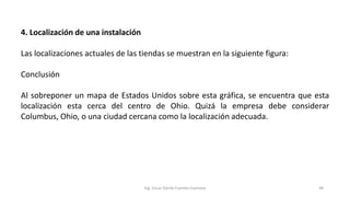 4. Localización de una instalación
Las localizaciones actuales de las tiendas se muestran en la siguiente figura:
Conclusión
Al sobreponer un mapa de Estados Unidos sobre esta gráfica, se encuentra que esta
localización esta cerca del centro de Ohio. Quizá la empresa debe considerar
Columbus, Ohio, o una ciudad cercana como la localización adecuada.
Ing. Oscar Danilo Fuentes Espinoza 48
 