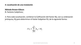 4. Localización de una instalación
Método Brown-Gibson
B. Factores Subjetivos:
3. Para cada Localización, combinar la Calificación del Factor Wj, con su ordenación
jerárquica, Rij para determinar el Factor Subjetivo FSi, de la siguiente forma:
Ing. Oscar Danilo Fuentes Espinoza 59
 