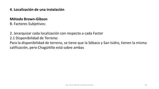 4. Localización de una instalación
Método Brown-Gibson
B. Factores Subjetivos:
2. Jerarquizar cada localización con respecto a cada Factor
2.1 Disponibilidad de Terreno:
Para la disponibilidad de terreno, se tiene que la Sébaco y San Isidro, tienen la misma
calificación, pero Chagüitillo está sobre ambas
Ing. Oscar Danilo Fuentes Espinoza 63
 