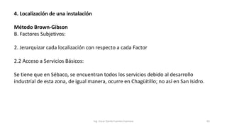 4. Localización de una instalación
Método Brown-Gibson
B. Factores Subjetivos:
2. Jerarquizar cada localización con respecto a cada Factor
2.2 Acceso a Servicios Básicos:
Se tiene que en Sébaco, se encuentran todos los servicios debido al desarrollo
industrial de esta zona, de igual manera, ocurre en Chagüitillo; no así en San Isidro.
Ing. Oscar Danilo Fuentes Espinoza 65
 