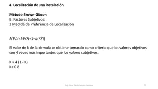 4. Localización de una instalación
Método Brown-Gibson
B. Factores Subjetivos:
3 Medida de Preferencia de Localización
𝑀𝑃𝐿𝑖=𝑘𝐹𝑂𝑖+1−𝑘(𝐹𝑆𝑖)
El valor de k de la fórmula se obtiene tomando como criterio que los valores objetivos
son 4 veces más importantes que los valores subjetivos.
K = 4 (1 - K)
K= 0.8
Ing. Oscar Danilo Fuentes Espinoza 71
 