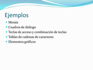 Cómo identificar? --- Formato ficheroArchivos de programa: Archivos .exe procedentes de distintos entornos de programación, como Borland Delphi, Java, XML, .NET, Visual Basic o archivos en formatos de metalocalización como .po, XLIFF, etc.Archivos gráficos: .gif, .jpg, .tiff, .psd, .bmp, etc.Documentación impresa: .fm, .indd, .doc, .rtf, etc.Archivos de ayuda: .chm, .hlp, .rtf, .html, etc.Páginas web: .xml, .html, .php, .js, .pl, etc.