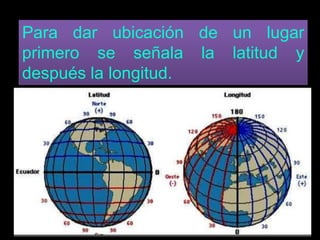 Para dar ubicación de un lugar
primero se señala la latitud y
después la longitud.
 