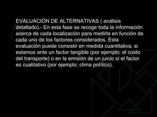 EVALUACIÓN DE ALTERNATIVAS ( análisis detallado).- En esta fase se recoge toda la información acerca de cada localización para medirla en función de cada uno de los factores considerados. Esta evaluación puede consistir en medida cuantitativa, si estamos ante un factor tangible (por ejemplo; el costo del transporte) o en la emisión de un juicio si el factor es cualitativo (por ejemplo; clima político).  