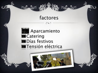 factores
Aparcamiento
Catering
Días festivos
Tensión eléctrica