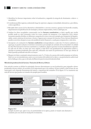 1. Identificar los factores importantes sobre la localización y asignarles la categoría de dominantes -críticos- o
secundarios.
2. Considerar posibles regiones, reduciendo luego las opciones a algunas comunidades alternativas y, por último,
a sitiosespecíficos.
3. Recopilar datos acerca de las alternativas solicitándolos a asesores externos, agencias de desarrollo estatales,
departamentosdeplanificación demunicipios,cámarasempresariales,visitasa cada lugar,etc.
4 Analizar los datos recopilados comenzando con los factores cuantitativos, es decir, aquello que resulta
posible medir en valor monetario como los costos anuales de transporte o los impuestos. Esos valores
monetarios pueden dividirse en diferentes categorías de costos como por ejemplo, por transporte de llegada y
salida, ventas, emisiones de acciones o bonos e ingresos por concepto de intereses. Estos factores financieros
puedenconvertirsedespuésenuna sola medidademéritofinancieroyusarlapara comparardoso más sitios.
5. Incorporar a la evaluación los factores cualitativos correspondientes a cada sitio. Un factor cualitativo es
aquel que no puede evaluarse en términos monetarios; por ejemplo, las actitudes de la comunidad o la calidad
devida. Para fusionarlos factorescuantitativos ycualitativos,algunos gerentesrevisanelrendimientoesperado
de cada uno de ellos, en tanto que otros asignan a cada factor una ponderación de importancia relativa y
calculan un puntaje ponderado para cada sitio, utilizando una matriz de preferencias. El sitio que obtiene al
final elpuntajeponderado másalto eselmejor.
6. Después de haber examinado minuciosamente entre 5 y 15 sitios, los autores del estudio preparan un informe
final con sus recomendaciones, junto con un resumen del análisis de los datos y una presentación audiovisual
delos hallazgos clave,queeselevada a la Direcciónpara la toma dela decisiónfinal.
Métodode ponderación de factores. Variación deBrownyGibson
Este método consiste en definir los principales factores determinantes en una localización, para asignarles valores
ponderados de peso relativo, de acuerdo con la importancia que se les atribuye. El peso relativo sobre la base de una
suma igual a uno, depende fuertemente del criterio y experiencia del evaluador. En la figura 13.3 se enumeran una
seriedefactoresquepuedensertomados deejemplopara elanálisis.
Figura 13.3
Ejemplos de factores que, según el caso y las particularidades de la empresa, pueden ser tratados como dominantes o
secundarios para una decisión de localización de instalaciones.
fuentedela M.P.
disponibilidad
archivo proveedores
sustitutosdeM.P.
importación
conocimientomercado
MATERIA PRIMA
legislación
afluentes
concentraciónpolución
diseccióndeefluentes
diseccióndedesperdicios
CONTROL
AMBIENTAL
disponibilidad decasas
costodela propiedad
aspectosculturales
aspectosreligiosos
educación
serviciosdesalud
FACTORES DE LA
COMUNIDAD
disponibilidad
-cantidad
-calidad
-confiabildad
fuentesdeenergías
costodelas fuentes
ENERGÍA
ELÉCTRICA Y
COMBUSTIBLES
disponibilidad
-régimenlegal deuso
-calidad
-confiabildad
costodelsuministro
AGUA
Segúnproducto:
precioactualyfuturo
localización geográfica
demanda
tendencia
Segúndistribución:
distancias
costosdefletes
tamaña deinventarios
tiempodetransporte
MERCADOS
ROBERTO CARRO PAZ · DANIEL GONZÁLEZ GÓMEZ
8
 