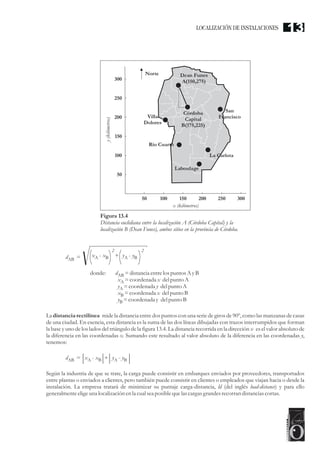 Figura 13.4
Distancia euclidiana entre la localización A (Córdoba Capital) y la
localización B (Dean Funes), ambos sitios en la provincia de Córdoba.
Norte
300
250
200
150
100
50
50 100 150
x (kilómetros)
y
(kilómetros)
200 250 300
Dean Funes
A(150,275)
Córdoba
Capital
B(175,225)
Villa
Dolores
San
Francisco
Río Cuarto
Laboulage
La Carlota
d =distanciaentrelos puntosA yB
AB
x =coordenada x delpunto A
A
y =coordenada y delpunto A
A
x =coordenada x delpunto B
B
y =coordenada y delpunto B
B
donde:
d =
AB
x - x
A B + y - y
A B
2 2
La mide la distancia entre dos puntos con una serie de giros de 90º, como las manzanas de casas
de una ciudad. En esencia, esta distancia es la suma de las dos líneas dibujadas con trazos interrumpidos que forman
la base y uno de los lados del triángulo de la figura 13.4. La distancia recorrida en la dirección x es el valor absoluto de
la diferencia en las coordenadas x. Sumando este resultado al valor absoluto de la diferencia en las coordenadas y,
tenemos:
distancia rectilínea
Según la industria de que se trate, la carga puede consistir en embarques enviados por proveedores, transportados
entre plantas o enviados a clientes, pero también puede consistir en clientes o empleados que viajan hacia o desde la
instalación. La empresa tratará de minimizar su puntaje carga-distancia, ld (del inglés load-distance) y para ello
generalmenteeligeuna localización enla cualseaposible quelascargasgrandesrecorran distanciascortas.
d =
AB x - x
A B + y - y
A B
LOCALIZACIÓN DE INSTALACIONES 13
 