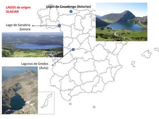 LAGOS de origen
GLACIAR
Lago de Sanabria
Zamora
Lagunas de Gredos
(Ávila)
Lagos de Covadonga (Asturias)
 