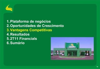 1. Plataforma de negócios
2. Oportunidades de Crescimento
3. Vantagens Competitivas
4. Resultados
5. 2T11 Financials
6. Sumário




                                  14
 