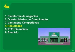 1. Plataforma de negócios
2. Oportunidades de Crescimento
3. Vantagens Competitivas
4. Resultados
5. 2T11 Financials
6. Sumário




                                  24
 