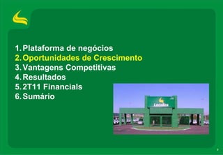 1. Plataforma de negócios
2. Oportunidades de Crescimento
3. Vantagens Competitivas
4. Resultados
5. 2T11 Financials
6. Sumário




                                  7
 