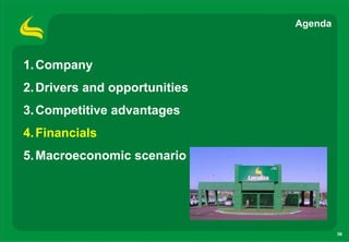 Agenda



1. Company
2. Drivers and opportunities
3. Competitive advantages
4. Financials
5. Macroeconomic scenario




                                        36
 