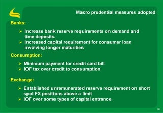 Macro prudential measures adopted

Banks:
     Increase bank reserve requirements on demand and
     time deposits
     Increased capital requirement for consumer loan
     involving longer maturities
Consumption:
     Minimum payment for credit card bill
     IOF tax over credit to consumption

Exchange:
     Established unremunerated reserve requirement on short
     spot FX positions above a limit
     IOF over some types of capital entrance

                                                                56
 