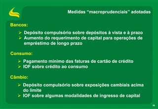 Medidas “macroprudenciais” adotadas

Bancos:
     Depósito compulsório sobre depósitos à vista e à prazo
     Aumento do requerimento de capital para operações de
     empréstimo de longo prazo

Consumo:
     Pagamento mínimo das faturas de cartão de crédito
     IOF sobre crédito ao consumo

Câmbio:
     Depósito compulsório sobre exposições cambiais acima
     do limite
     IOF sobre algumas modalidades de ingresso de capital

                                                              56
 