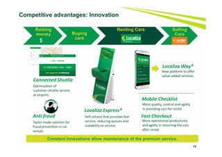 Raising
money Buying
cars
Renting Cars Selling
Cars
13
Localiza Express®
Self-service that provides fast
service, reducing queues and
scalability to service.
Localiza Way®
New platform to offer
value-added services
Mobile Checklist
More quality, control and agility
in providing cars for rental
Fast Checkout
More operational productivity
and agility in returning the cars
after rental
Connected Shuttle
Optimization of
customer shuttle service
at airports
Anti fraud
Taylor-made solution for
fraud prevention in car
rentals
Competitive advantages: Innovation
$
Constant innovations allow maintenance of the premium service.
 