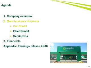 17
1. Company overview
2. Main business divisions
 Car Rental
 Fleet Rental
 Seminovos
3. Financials
Appendix: Earnings release 4Q16
Agenda
 